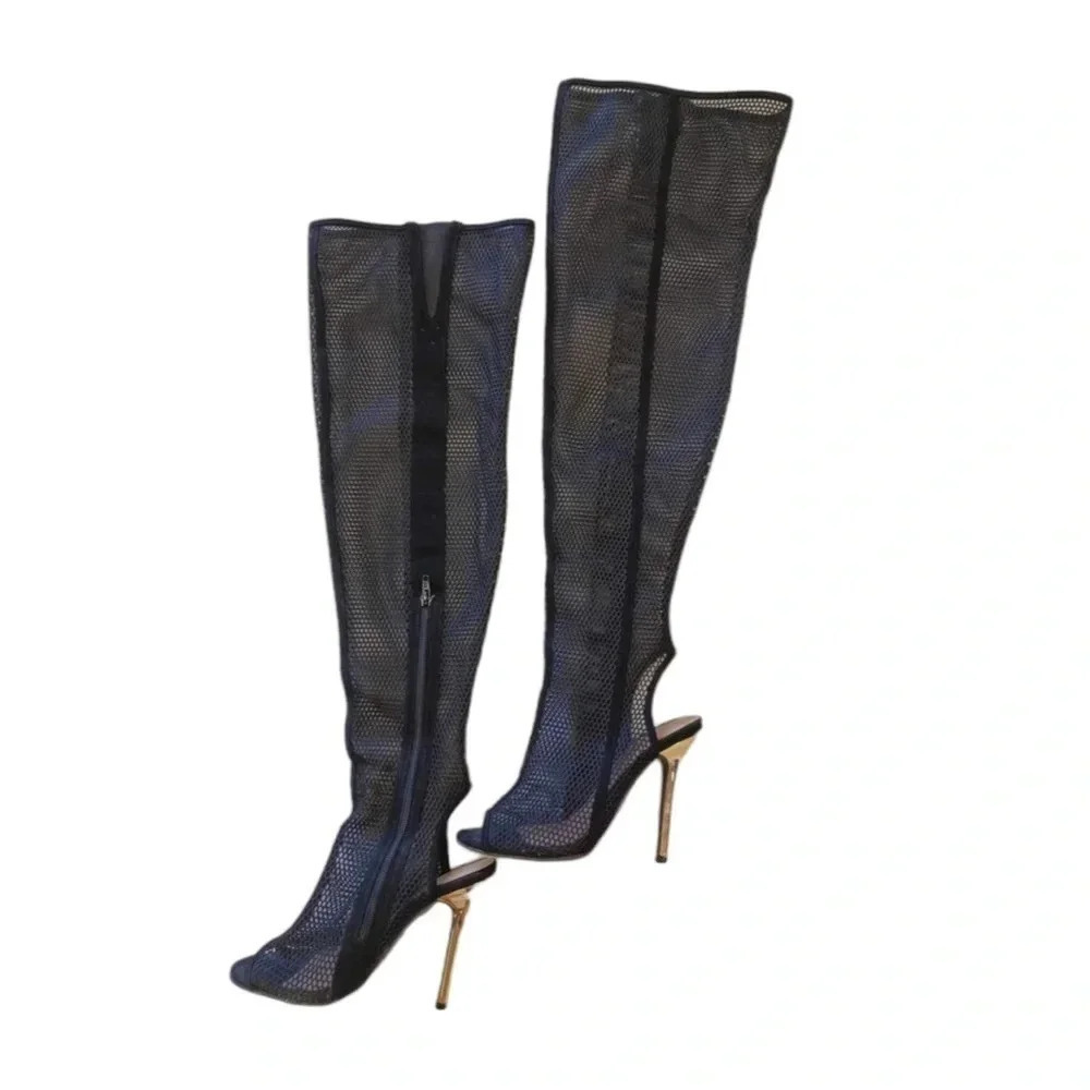 💥HOST PICK💥 Over The Knee Fishnet Peep Toe Metallic Heels Boots Size 5.5